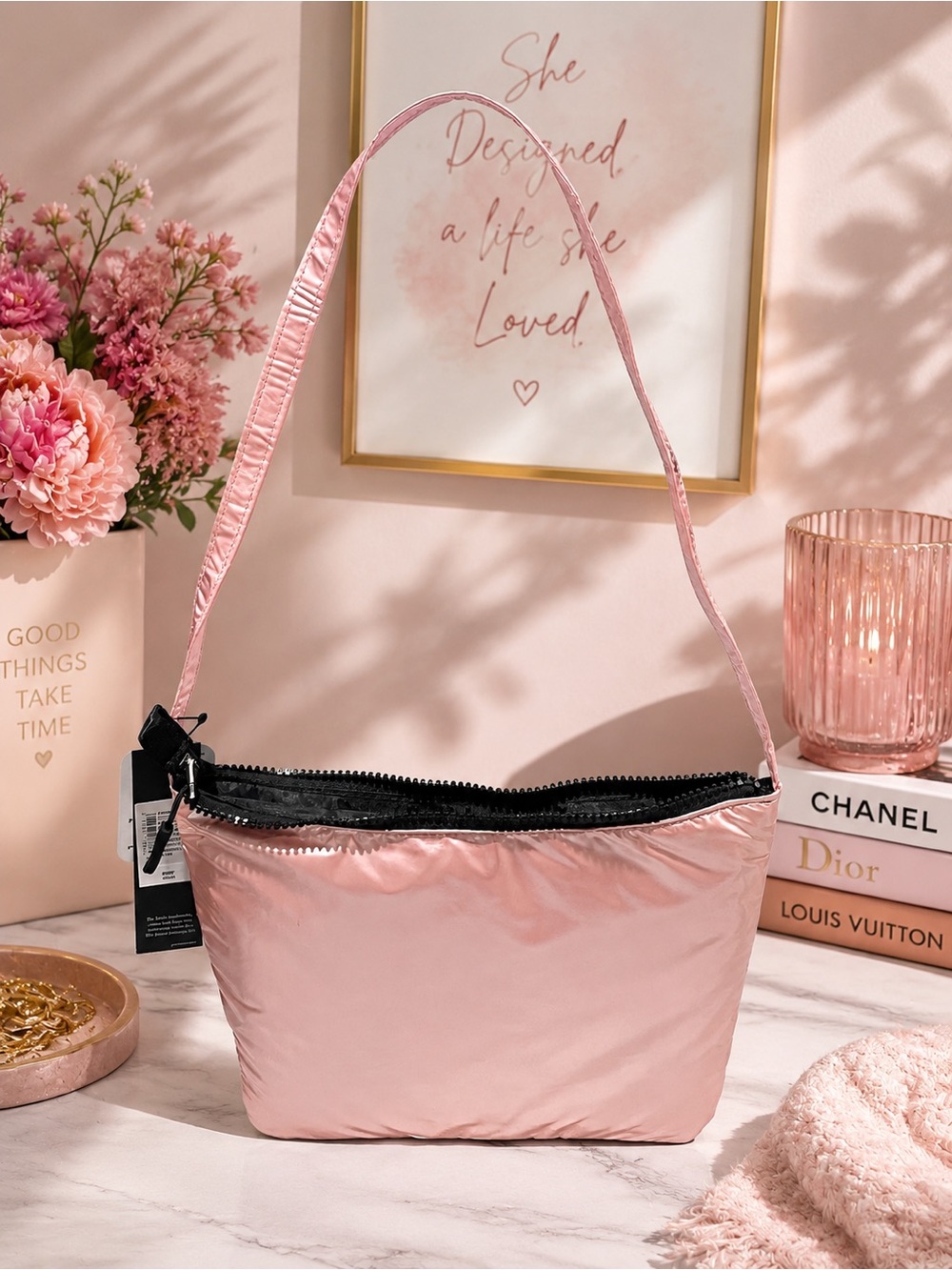 Tahari Metallic Blush Pink Shoulder Bag – NWT